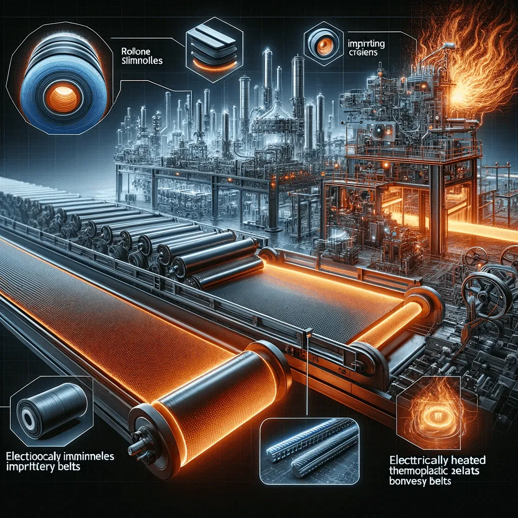 depicting emerging technologies in engineering, showing a roller-less silicone imprinting system and electrically heated thermoplastic convey