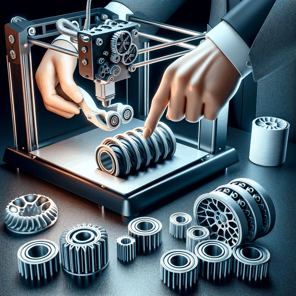 the trend of using 3D printing technology in manufacturing, showing a 3D printer in the process of creating an automotive interi